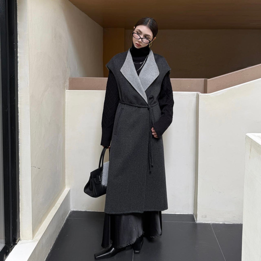 Damen Maximaler ärmelloser Wollmantel mit Schalkragen und Bindegürtel Shop Nory