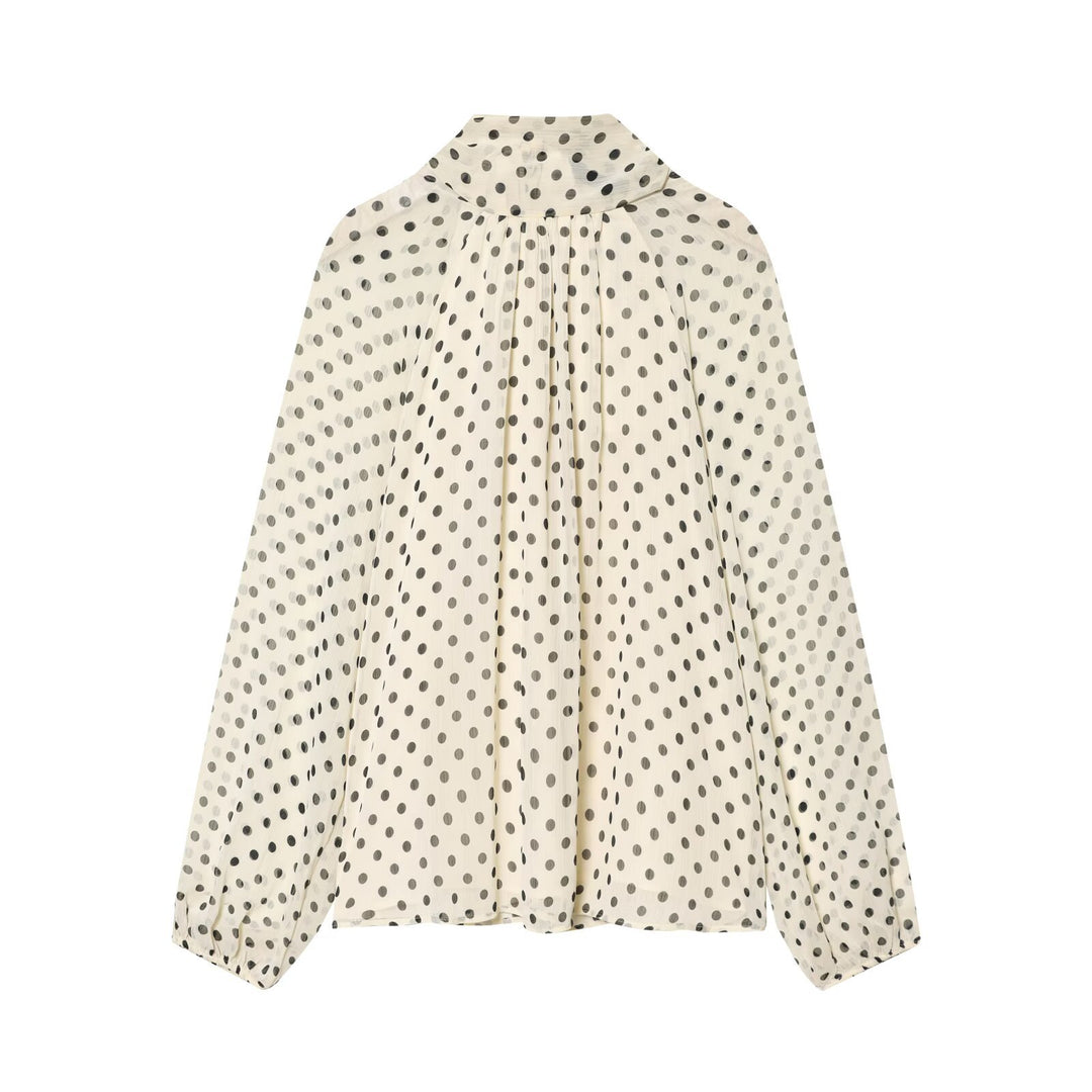Damen Luftige Chiffon-Bluse mit Polka-Dots, Drapiertem Schlauchkragen und Ballonärmeln Shop Nory