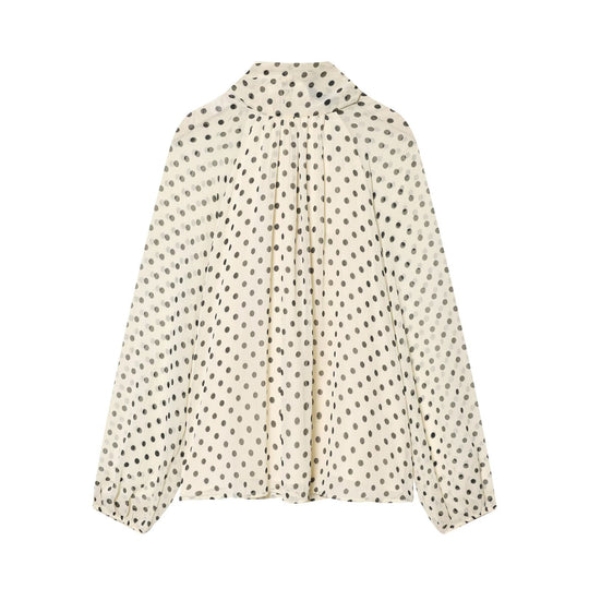 Damen Luftige Chiffon-Bluse mit Polka-Dots, Drapiertem Schlauchkragen und Ballonärmeln Shop Nory