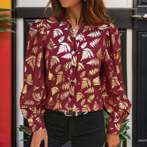 Damen Satin-Bluse mit metallischem Farnprint, Stehkragen & Puffärmeln Shop Nory