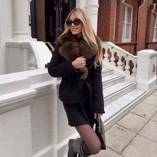 Damen Kurzer Wollmix-Mantel mit abnehmbarem Faux-Fur-Schalkragen und Taillengürtel Shop Nory
