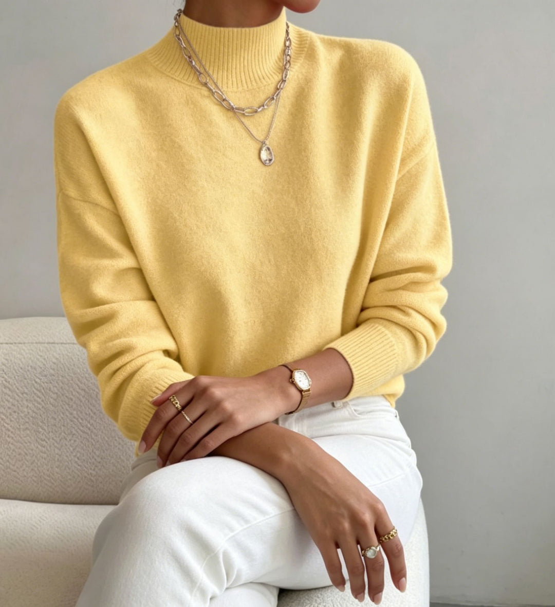 Damen kuscheliger Feinstrickpullover mit Stehkragen und überschnittener Schulter Shop Nory