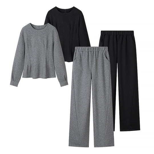Damen Tailliertes Peplum-Oberteil mit Wiener Nähten und weitem Lounge-Hosen-Set Shop Nory
