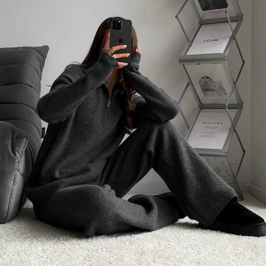 Damen Rippstrick-Loungewear-Set mit Halbzip-Longpullover und High‑Waist-Rippleggings Shop Nory