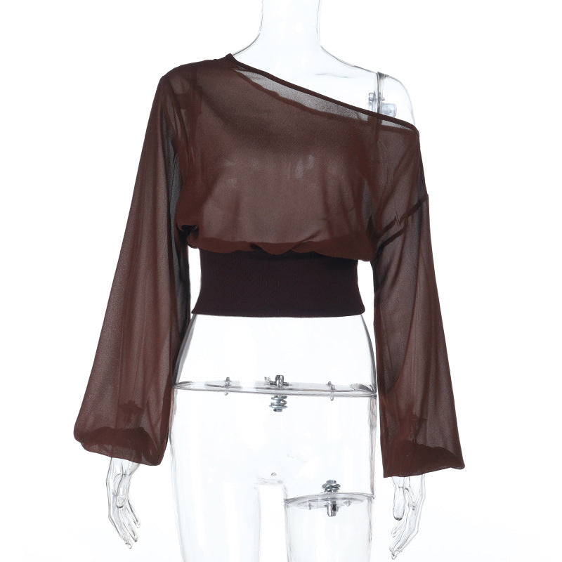 Damen Transparente schulterfreie Mesh-Cropped-Bluse mit elastischem Taillenbund Shop Nory