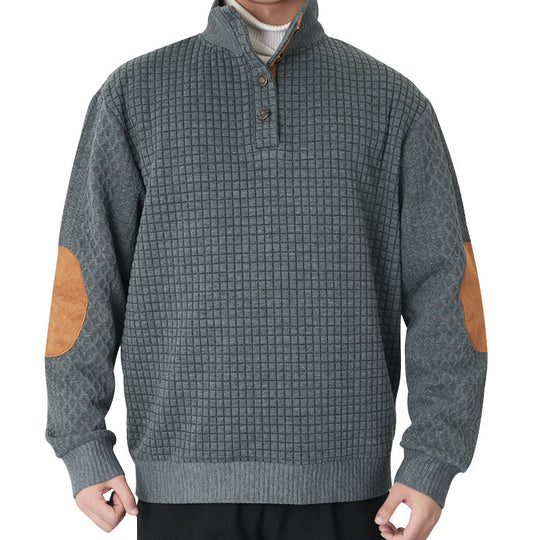 Herren Waffelstrick-Halbzip-Pullover mit Stehkragen Lederbesatz und Ellbogenpatches Shop Nory
