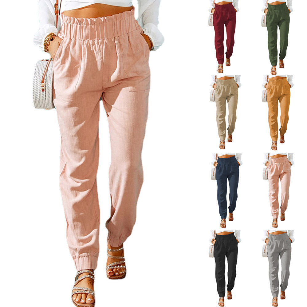 Damen Hochtaillierte Leinenoptik-Joggerhose mit elastischem Rüschbund und Eingrifftaschen Shop Nory
