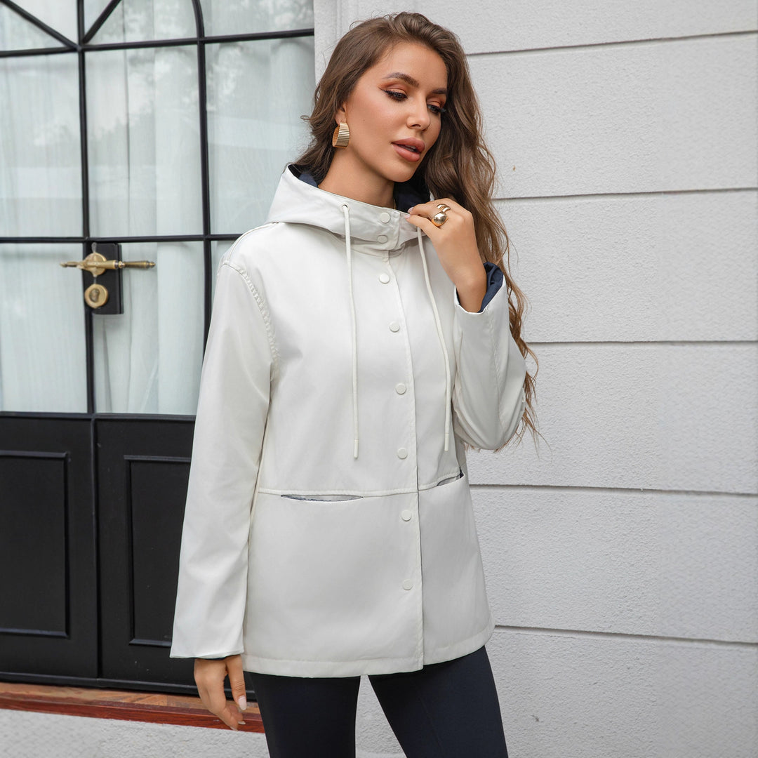 Damen Wasserabweisende Kapuzenjacke mit Druckknopf-Front, Tunnelzug und Eingrifftaschen Shop Nory