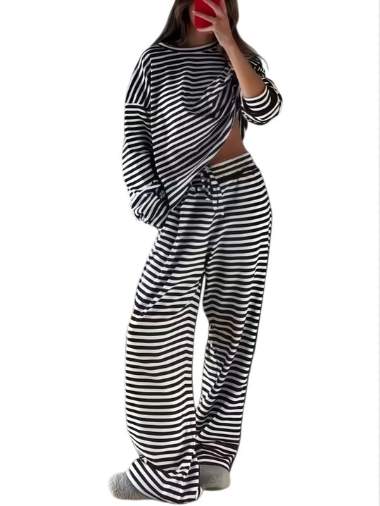 Damen Gestreiftes Lounge-Set aus weichem Baumwoll-Mix mit weitem Bein Shop Nory