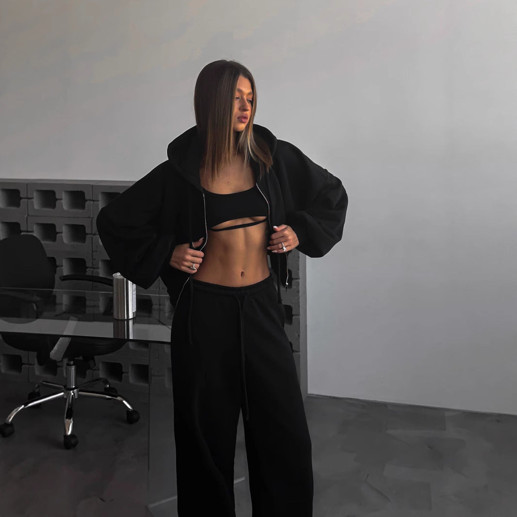 Damen kurzes Kapuzenzipper-Lounge-Set mit oversized Ärmeln und weitem Jogginghose-Schnitt Shop Nory