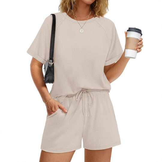 Damen lässiger Kombi aus T-Shirt und Shorts mit elastischem Bund