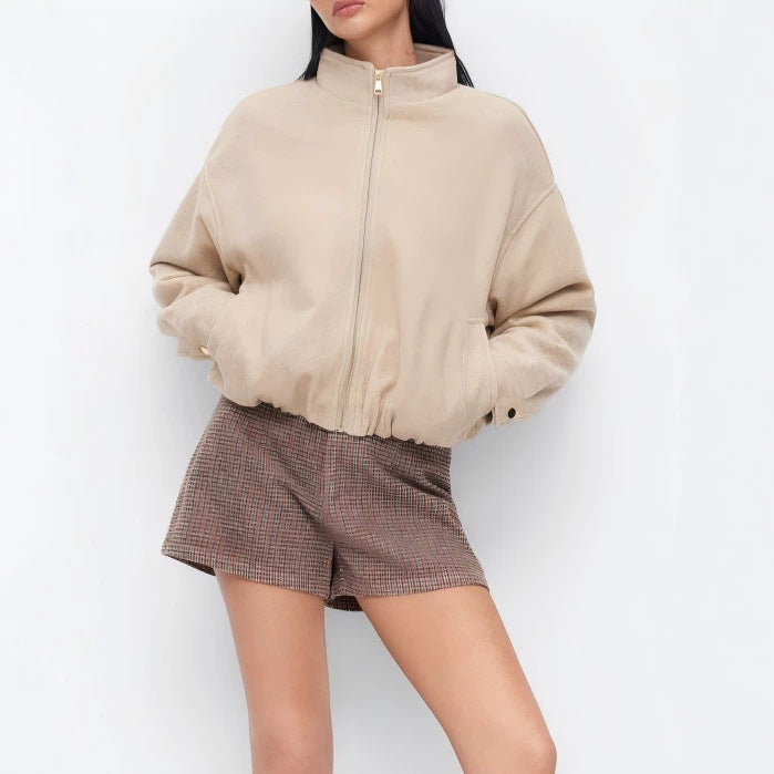 Damen Kurz geschnittene Wildleder‑Optik Bomberjacke mit Stehkragen und elastischem Saum Shop Nory