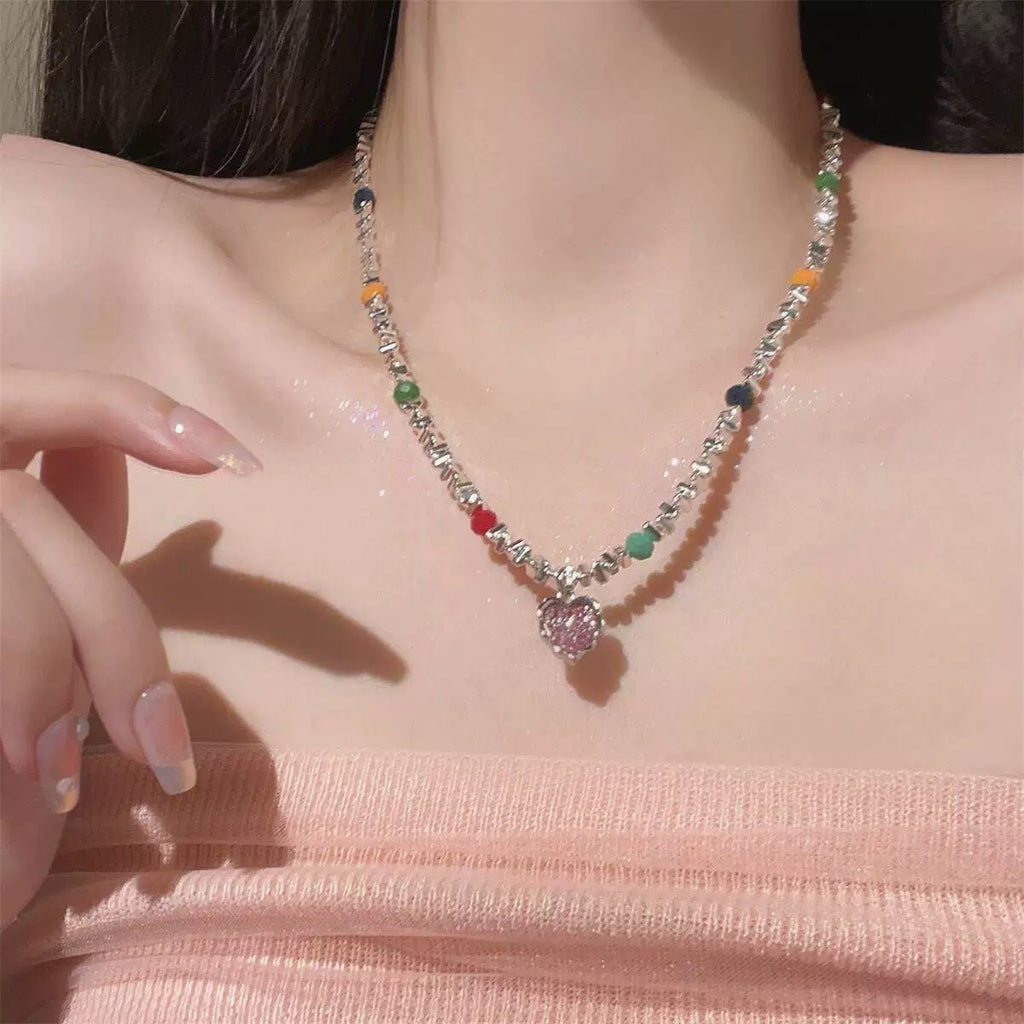 Damen Kette mit Herz-Anhänger und bunten Akzenten Shop Nory