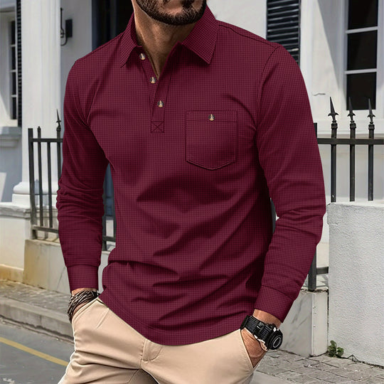 Herren nan strukturierter Langarm-Polo mit Brusttasche und Hemdkragen Shop Nory