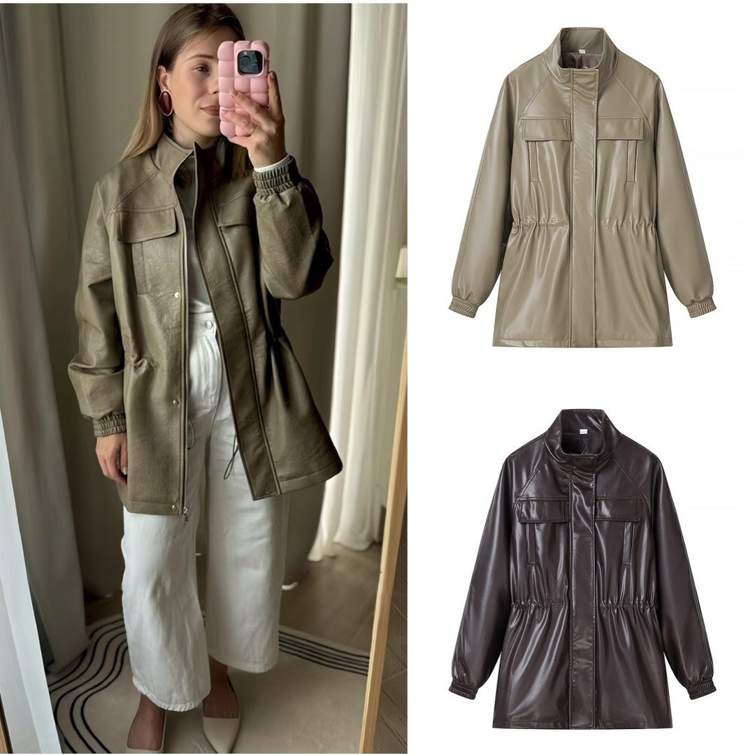 Damen Wasserabweisende Kurzparka aus Kunstleder mit Stehkragen, Taillenzug und Pattentaschen Shop Nory