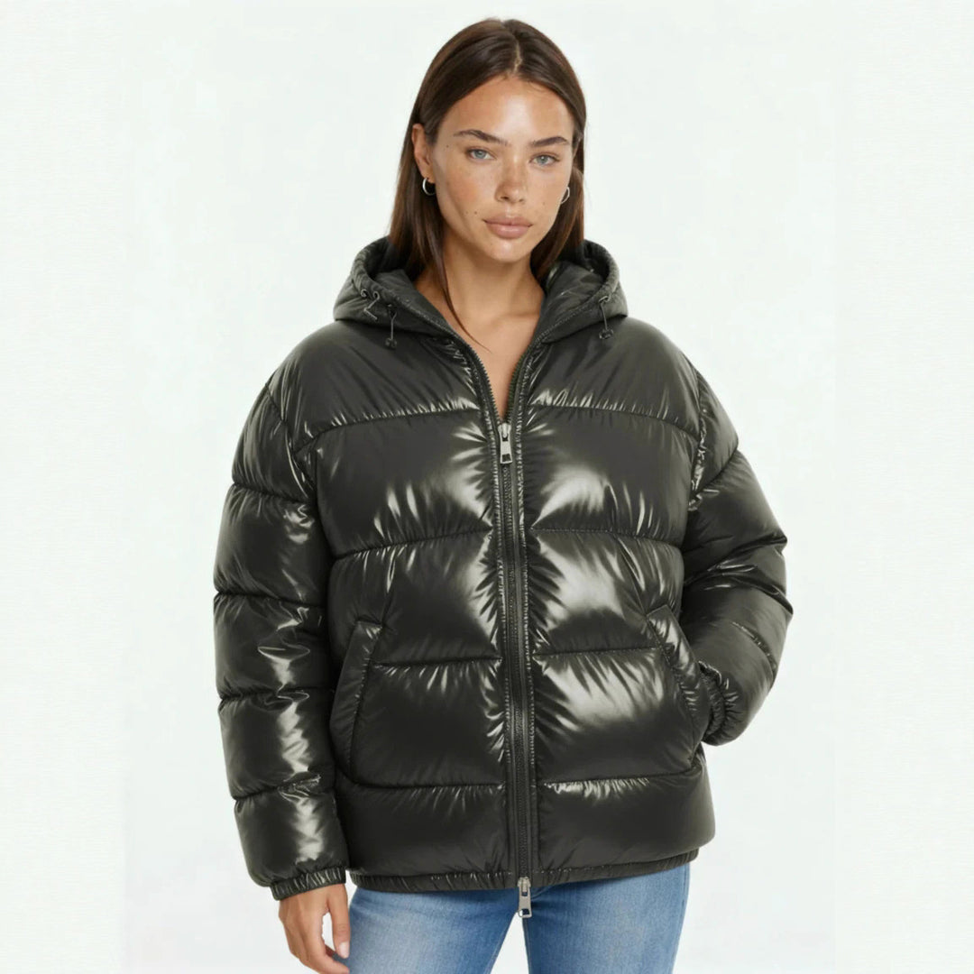 Damen Hochglanz Steppjacke mit Kapuze