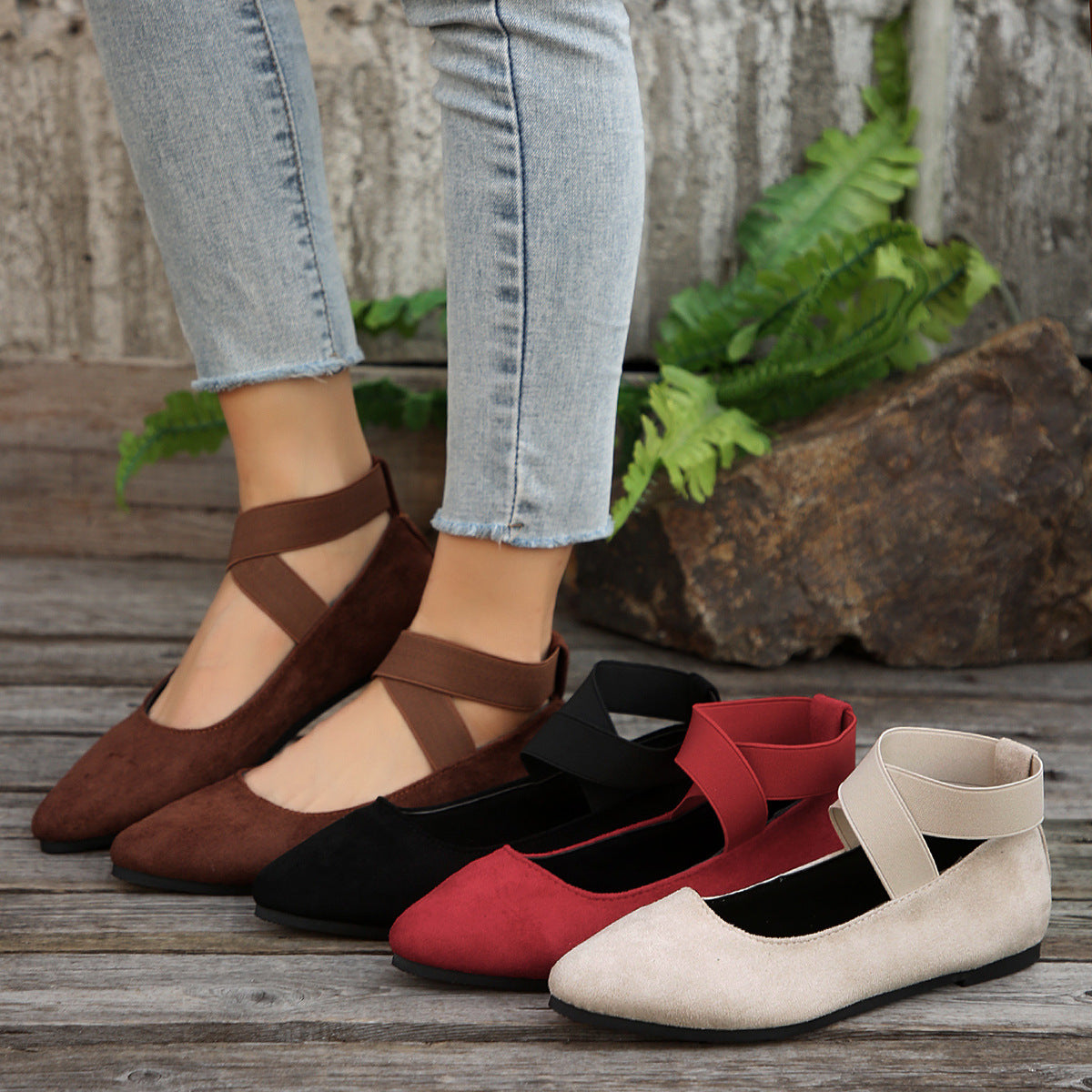 Damen Ballerina-Schuhe mit elastischen Kreuzbändern und rutschfester Sohle