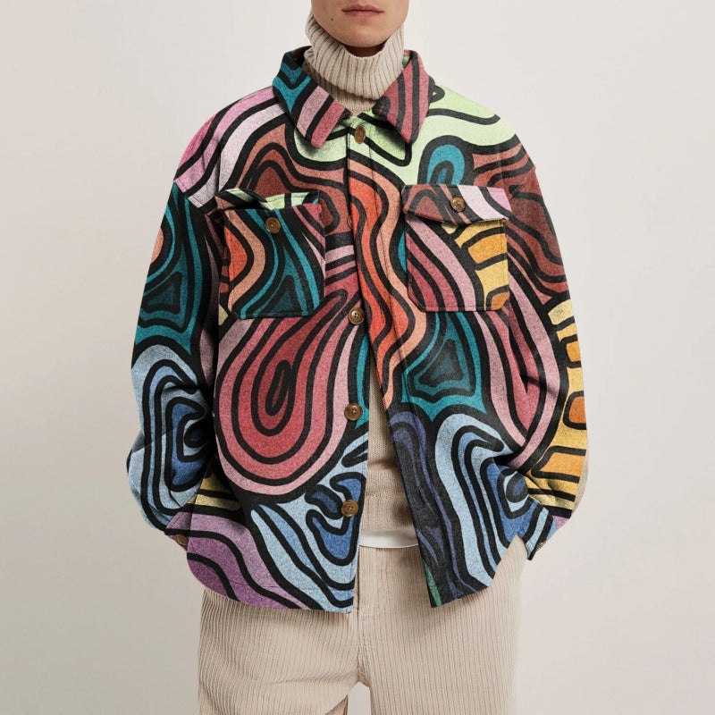Damen Oversized Wolloptik-Überhemd mit asymmetrischem Vogelprint und Pattentasche Shop Nory