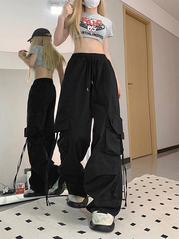 Damen nan ultraleichte Freizeit-Hose mit hohem Elastikbund, Kordelzug und verstellbarem Beinabschluss