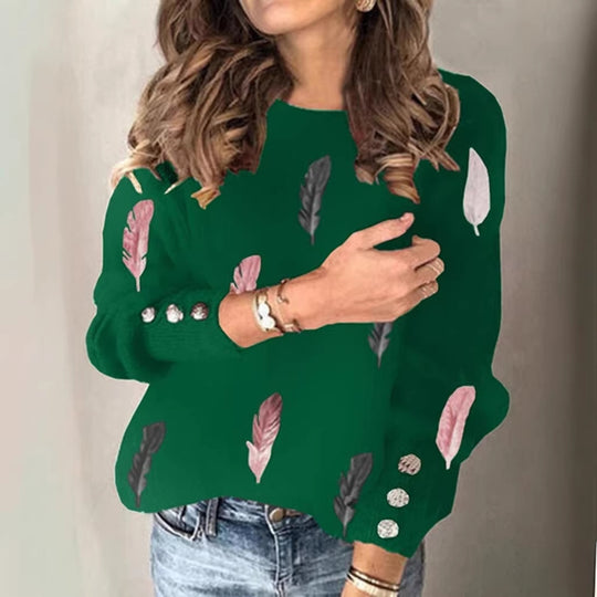 Damen Feinstrickpullover mit Federmotiv, Rundhalsausschnitt und dekorativer Knopfleiste Shop Nory