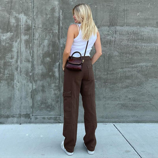 Damen Hochtaillierte Relaxed-Cargo-Hose mit weitem Bein und Knieabnähern Shop Nory