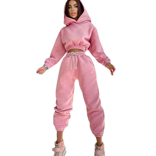 Damen cropped Kapuzen-Sweatset mit elastischem Rippbund und High-Waist Jogginghose Shop Nory