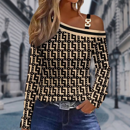 Damen Asymmetrisches Longsleeve mit One-Shoulder, Ziergurt und geometrischem Allover-Print Shop Nory