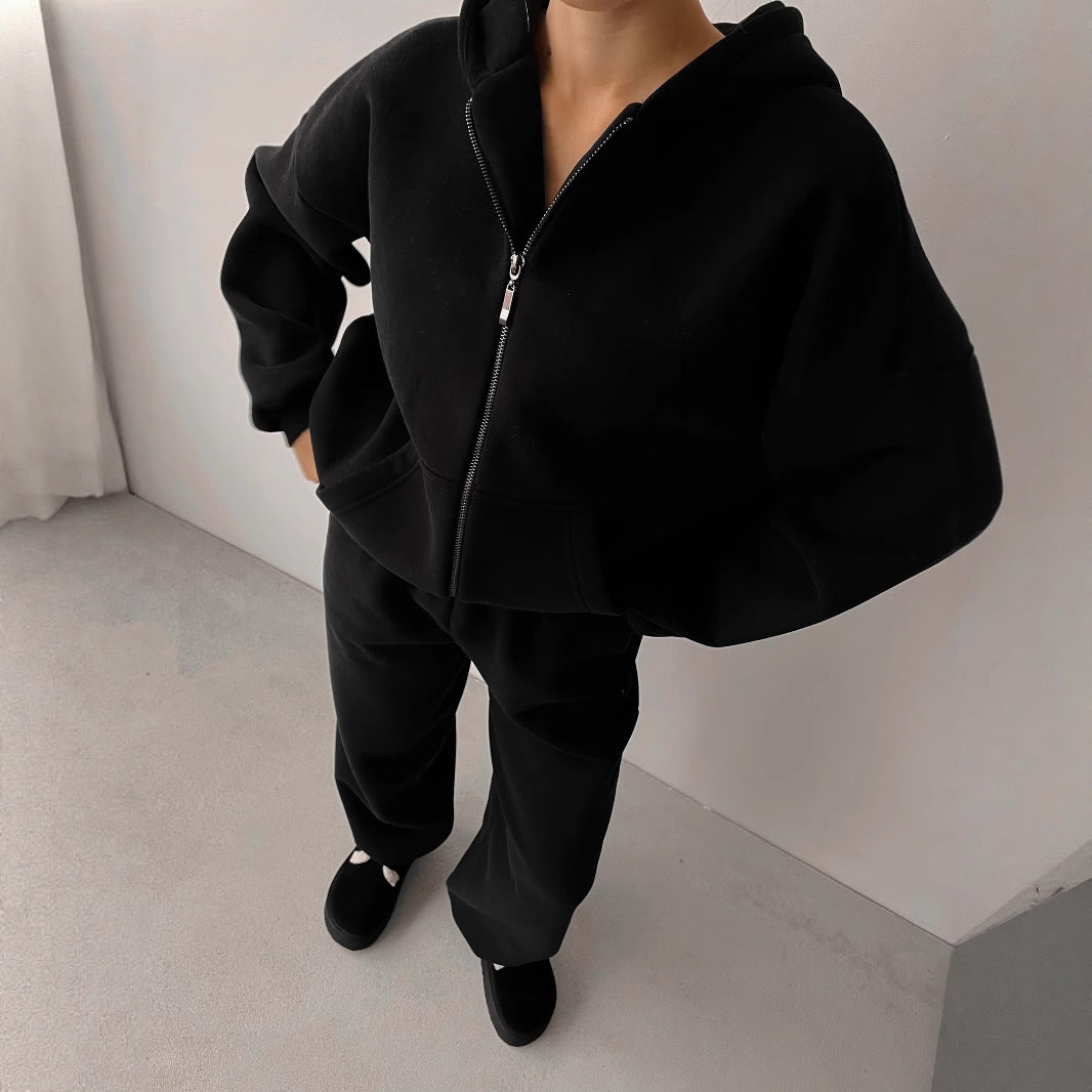 Damen Baumwoll-Fleece Lounge-Set mit Oversize-Zip-Hoodie und Palazzo-Sweatpants Shop Nory