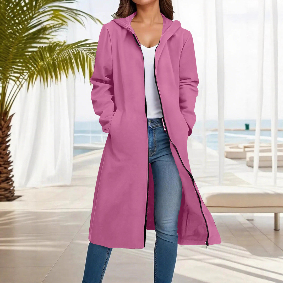 Damen Langer Kapuzen‑Mantel mit durchgehendem Reißverschluss und legerer A‑Linie Shop Nory