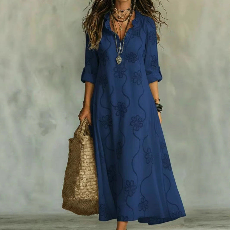Damen Langes Boho-Maxikleid mit Blumenstickerei und V‑Ausschnitt Shop Nory