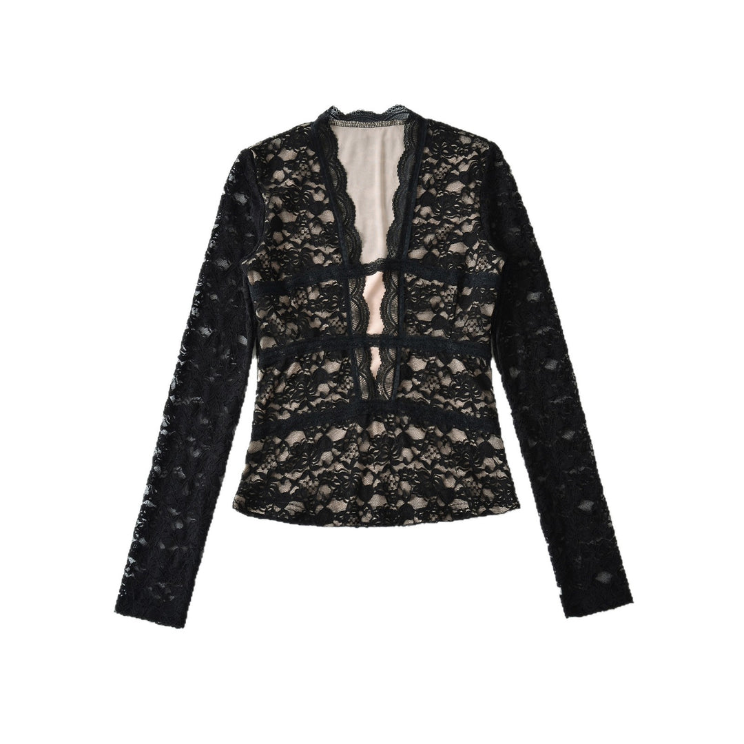 Damen Transparente Spitzenbluse mit V-Ausschnitt, taillierten Einsätzen und langen Ärmeln Shop Nory