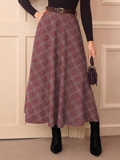 Damen Karierter Midirock in A-Linie mit hoher Taille und seitlichen Eingrifftaschen Shop Nory