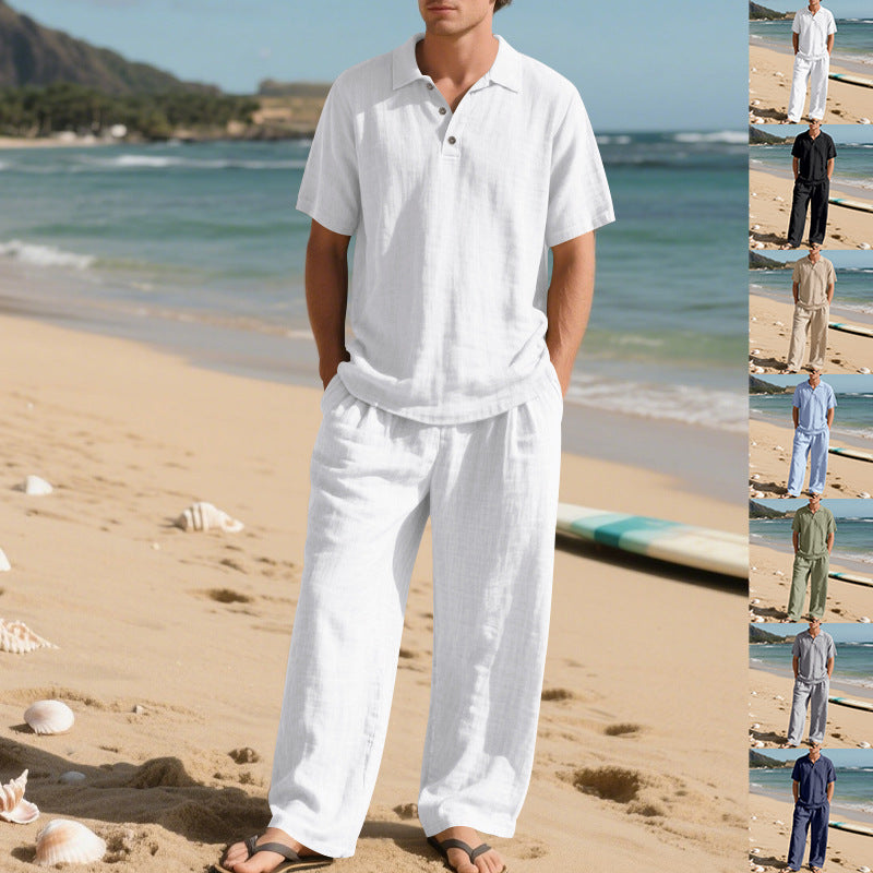 Herren nan luftiges Leinen-Ensemble mit Polokragen und regulierbarer Bundhose