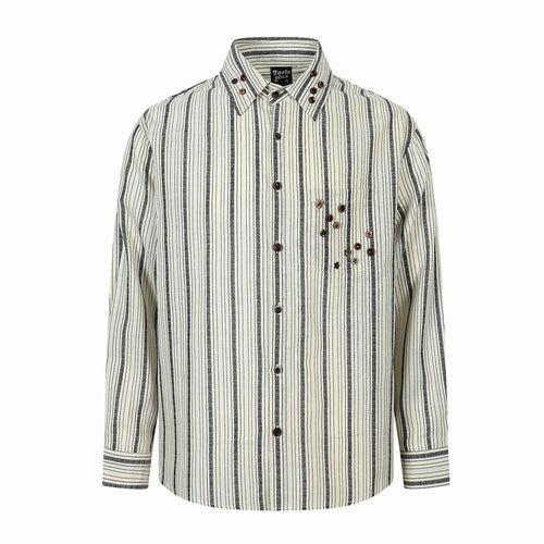 Herren Grobgewebtes Langarm‑Hemd mit vertikalem Streifenmuster, Kentkragen und dekorativen Knopfdetails Shop Nory