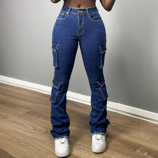 Damen Hochtaillierte Cargo-Jeans mit Mehrfach-Pattentaschen & ausgestelltem Saum Shop Nory