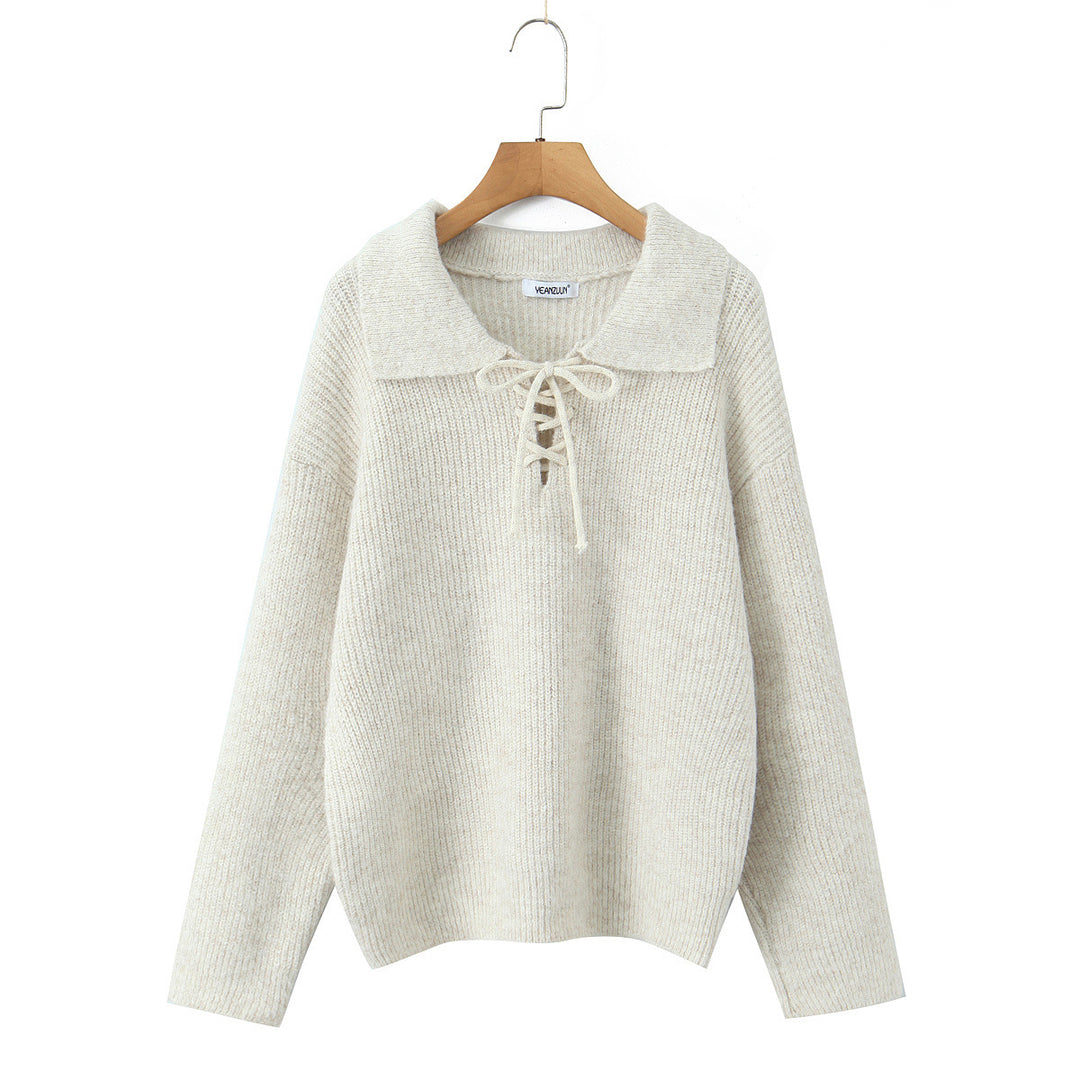 Damen Kuscheliger Strickpullover mit breitem Polokragen und Kordelbindung Shop Nory