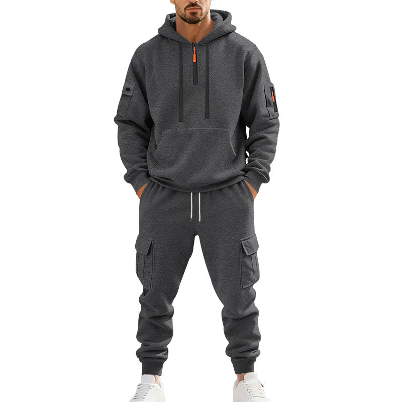 Herren nan zweiteiliges Utility-Freizeitset Hoodie mit halbhohem Reißverschluss, Ärmeltasche und Cargo-Jogginghose mit Klappentaschen Shop Nory