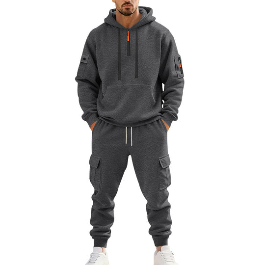 Herren nan zweiteiliges Utility-Freizeitset Hoodie mit halbhohem Reißverschluss, Ärmeltasche und Cargo-Jogginghose mit Klappentaschen Shop Nory