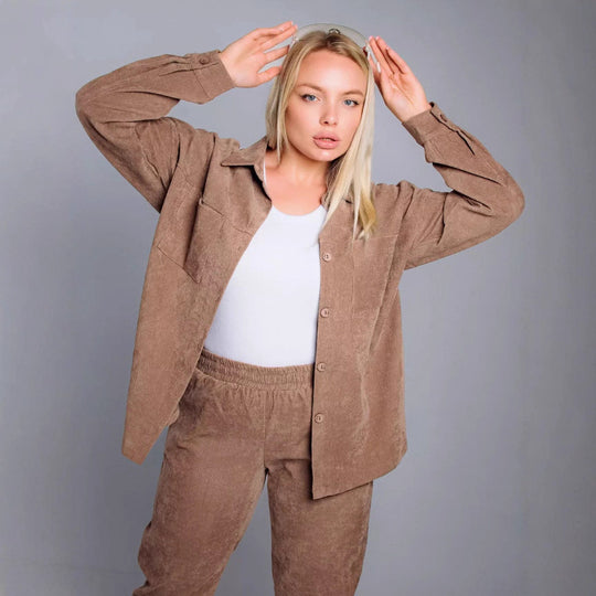 Damen nan Oversized-Cord-Set mit Hemdjacke und Gummizug-Jogpant Shop Nory