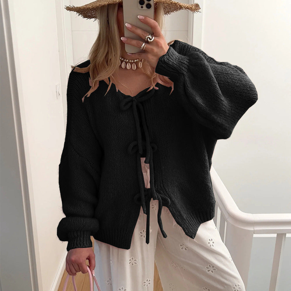Damen Grobgestrickter Offener Cardigan mit Bindebändern, Oversize‑Silhouette und Raglanärmeln Shop Nory