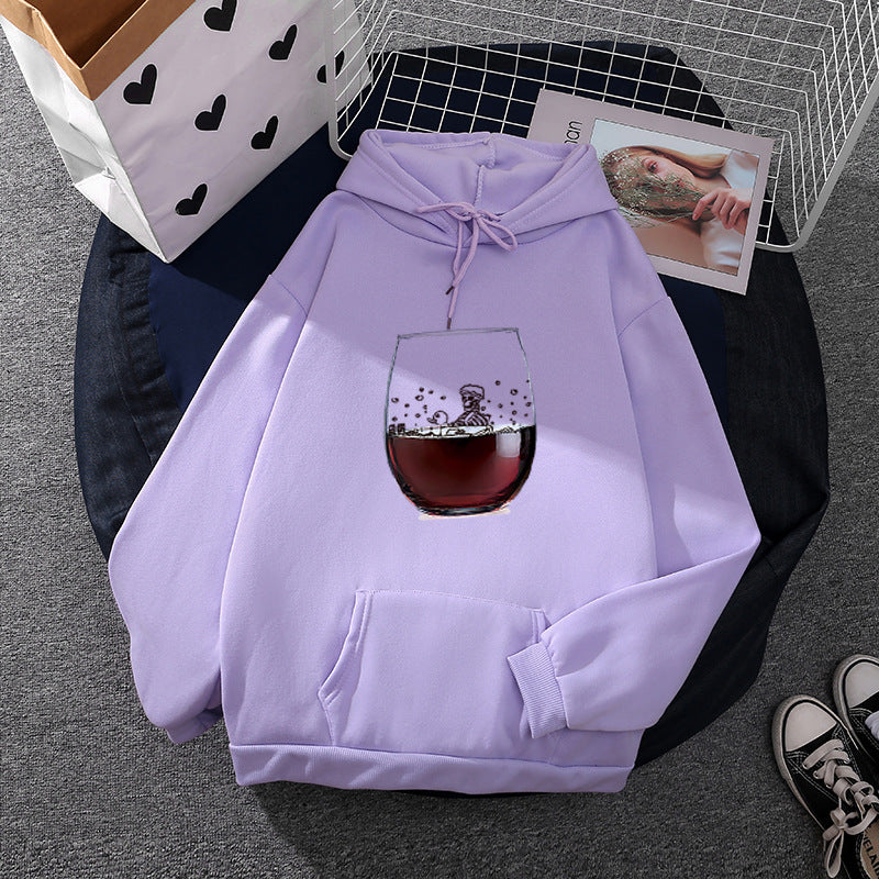 Damen nan lässiger Kapuzenhoodie mit fotorealistischer Weinglas‑Grafik, Kängurutasche und weichem Fleece Shop Nory