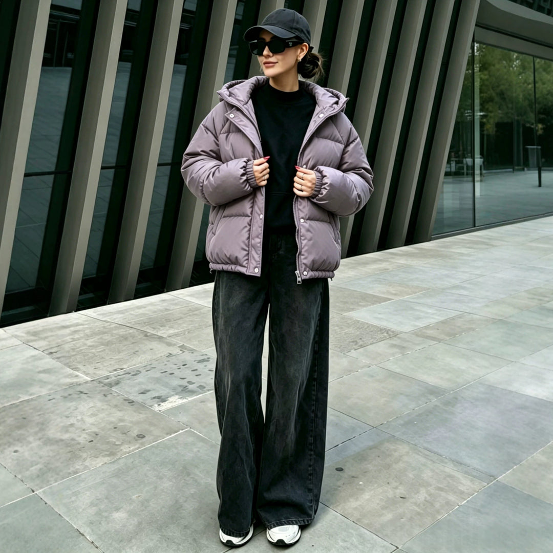 Damen Oversize-Steppmantel mit Kapuze, Druckknopfleiste und elastischem Saum Shop Nory