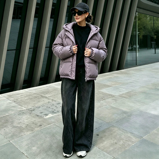 Damen Oversize-Steppmantel mit Kapuze, Druckknopfleiste und elastischem Saum Shop Nory