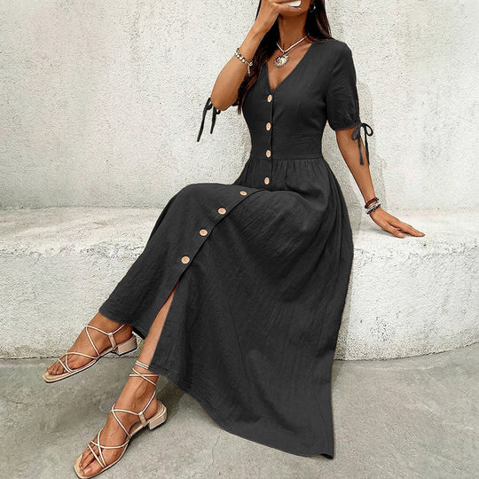 Damen Knielanges Knopfkleid aus leichtem Baumwollmix mit V-Ausschnitt Shop Nory