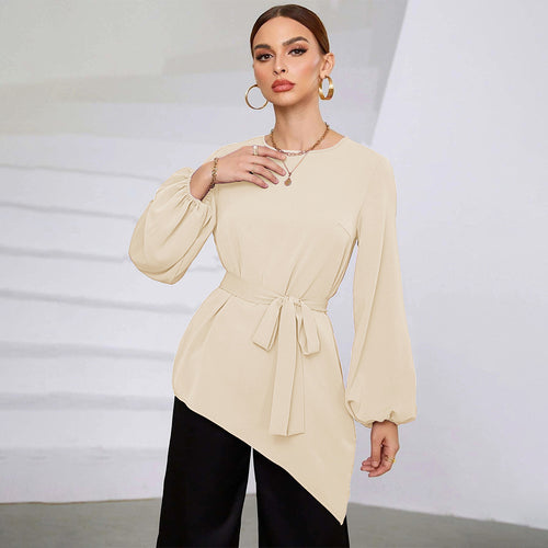 Damen asymmetrische Tunika-Bluse mit Ballonärmeln und Taillengürtel Shop Nory