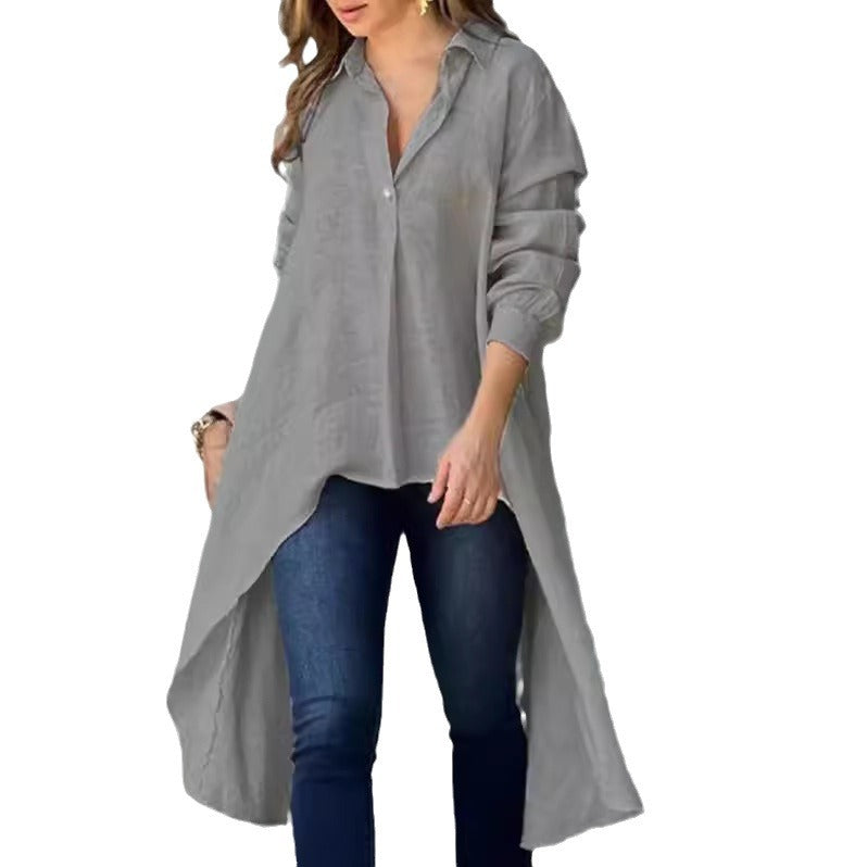 Damen Leichte Leinen‑Tunika‑Bluse mit asymmetrischem High‑Low‑Schwanz und Hemdkragen Shop Nory