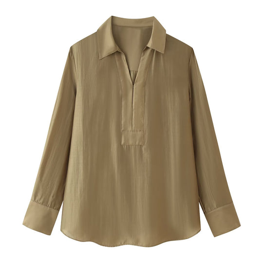 Damen Locker geschnittene Tunika-Hemdbluse mit halboffenem V-Ausschnitt und breiten Manschetten Shop Nory