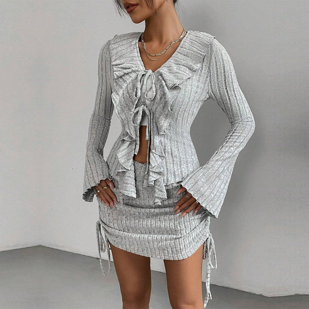 Damen gerippter Rüschencardigan mit Bindebändern und gerafftem Minirock-Set Shop Nory