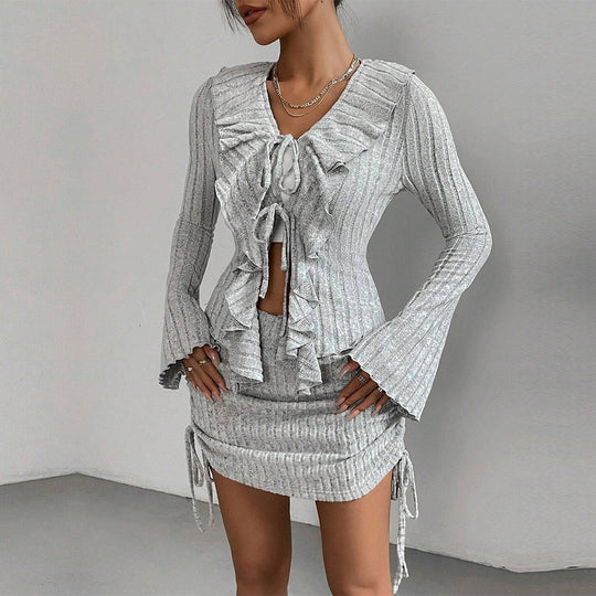 Damen gerippter Rüschencardigan mit Bindebändern und gerafftem Minirock-Set Shop Nory