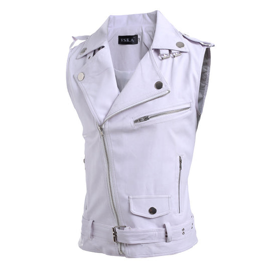 Herren ärmellose Bikerweste mit asymmetrischem Reißverschluss, Ziergürteln und Metallakzenten Shop Nory